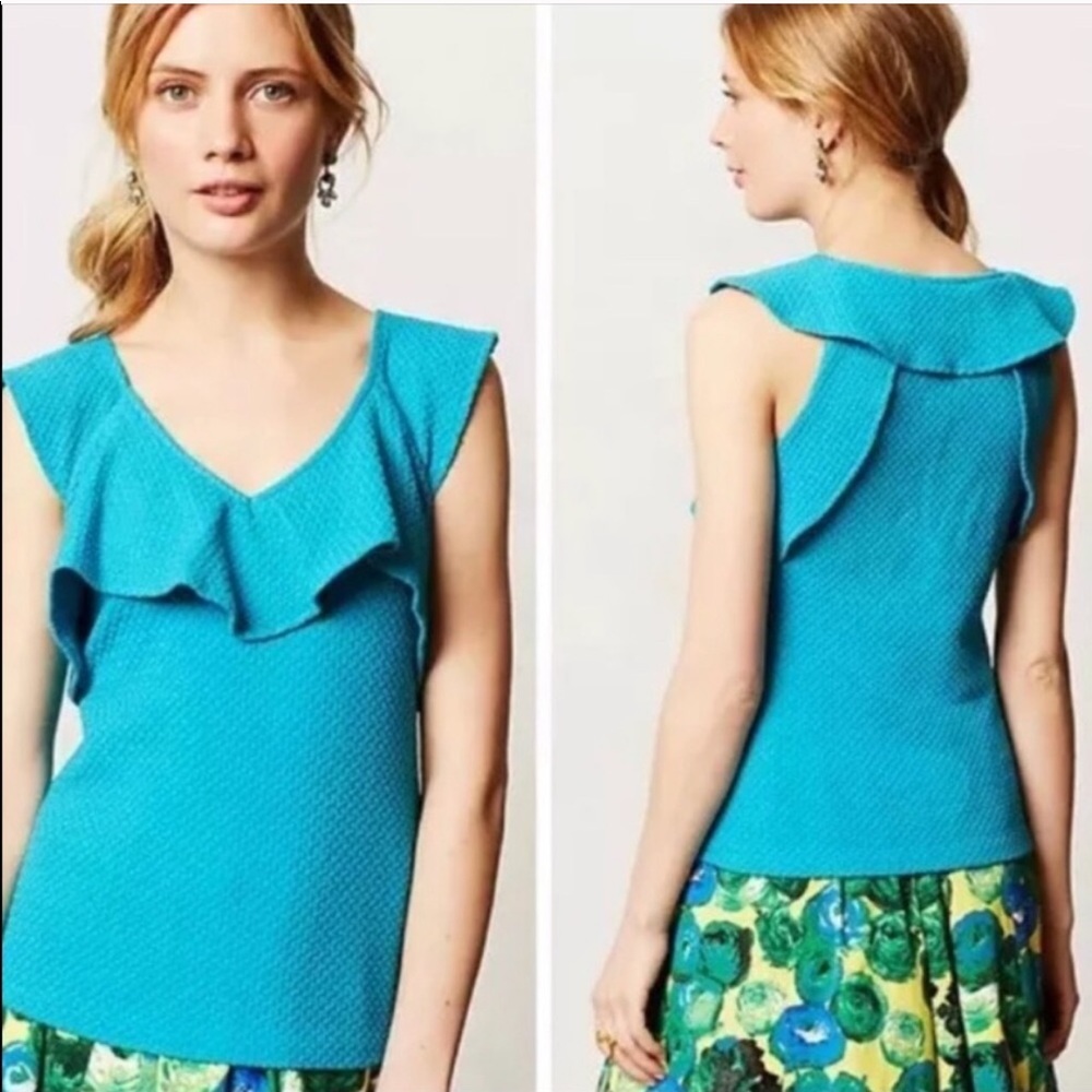 SALE Anthropologie Deletta Ruffled Turquoise Top